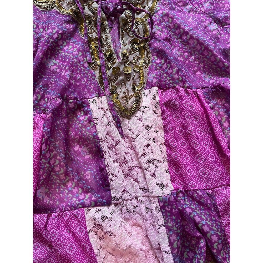 Free People Gossamer Wings Purple Patchwork Beaded Lace Boho Tunic Dress M/L - Picture 3 of 9
